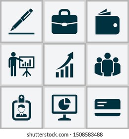 Job icons set with analytics, briefcase, bank card and other statistics elements. Isolated vector illustration job icons.