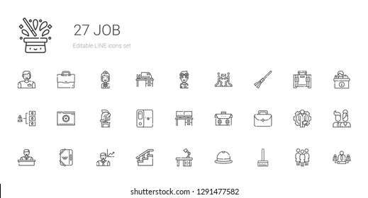 job icons set. Collection of job with broom, hat, desk, stairs, employee, folder, portfolio, briefcase, helmet, skills, teamwork, pilot, team. Editable and scalable job icons.