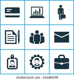 Job Icons Set. Collection Of Diagram, Customer Contract, Id Badge And Other Job Icon Elements. Also Includes Symbols Such As Briefcase, Customer Statistics And Unity Elements.