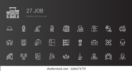 job icons set. Collection of job with employee, broom, team, helmet, curriculum, teamwork, ladder, briefcase, pilot, skills, folder, portfolio. Editable and scalable job icons.