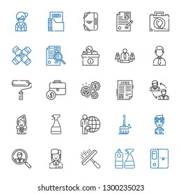 job icons set. Collection of job with folder, window cleaner, employee, job search, pilot, broom, candidate, stewardess, employees, working, portfolio. Editable and scalable icons.