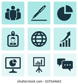Job Icons Set. Collection Of Group, Id Badge, Chatting And Other Elements. Also Includes Symbols Such As Statistic, Pen, Message.