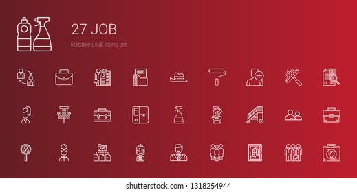 job icons set. Collection of job with painting, group, man, stewardess, folder, user, job search, ladder, helmet, window cleaner, briefcase, office chair. Editable and scalable icons.