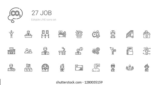 job icons set. Collection of job with pilot, user, folder, stewardess, add user, worker, working, employee, desk, man, office, clerk, hat, team. Editable and scalable job icons.