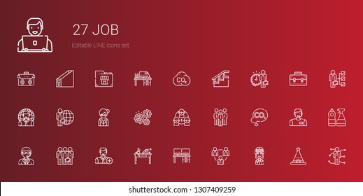 job icons set. Collection of job with pilot, teamwork, desk, add user, doorman, co, group, team, working, librarian, candidate, user, employee. Editable and scalable job icons.