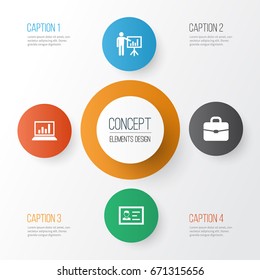 Job Icons Set. Collection Of Presenting Man, Diagram, Identification And Other Elements. Also Includes Symbols Such As Suitcase, Presentation, Card.