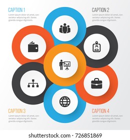 Job Icons Set. Collection Of Presenting Man, Suitcase, Group And Other Elements. Also Includes Symbols Such As World, Unity, Identification.