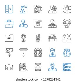 job icons set. Collection of job with skills, man, group, curriculum, briefcase, suit, employee, teamwork, window cleaner, roller, desk, stewardess. Editable and scalable job icons.