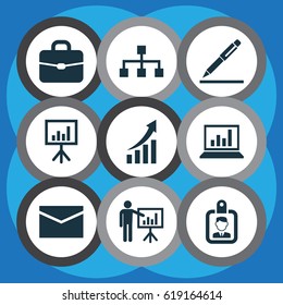 Job Icons Set. Collection Of Suitcase, Id Badge, Diagram And Other Elements. Also Includes Symbols Such As Structure, Laptop, Statistics.