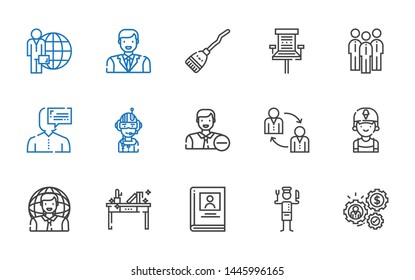 job icons set. Collection of job with working, chef, biography, desk, user, clerk, teamwork, employee, pilot, group, office chair, broom, man. Editable and scalable job icons.