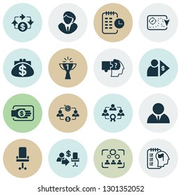 Job icons set with effective teamwork, success, cooperation and other manager elements. Isolated vector illustration job icons.