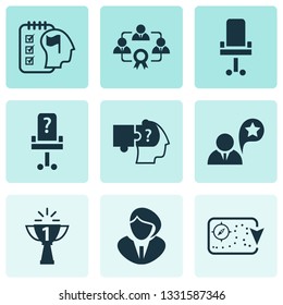Job icons set with effective teamwork, self-organization, job performance and other partnership elements. Isolated vector illustration job icons.