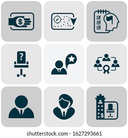 Job icons set with financing, businessman, job performance and other architecture elements. Isolated vector illustration job icons.