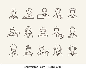 Job Icons. Set Of Line Icons On White Background. Call Center Operator, Manager, Policeman. Profession Concept. Vector Illustration Can Be Used For Topics Like Career, Service, Occupation