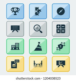 Job icons set with planning board, compass, mountain with flag and other apartment elements. Isolated vector illustration job icons.