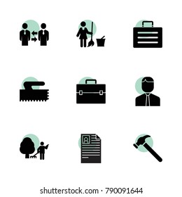 Job icons. vector collection filled job icons set.. includes symbols such as businessmen communication, garden cleaner, floor wash, cv. use for web, mobile and ui design.