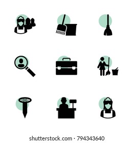 Job icons. vector collection filled job icons set.. includes symbols such as broom, bucket and broom, floor wash, maid, user search, nail. use for web, mobile and ui design.