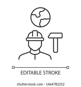 Job for immigrants linear icon. Migrant, refugee employment. Finding work abroad. Hard hat worker, handyman. Thin line illustration. Contour symbol. Vector isolated outline drawing. Editable stroke