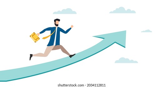 Job improvement, career path to growth, achievement and success in work or leadership to win business concept, confidence smart businessman in a suit with a briefcase running up the arrow to the sky. 