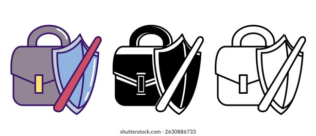 Job Insecurity icon represented by briefcase, shield, cross mark Line, Filled, Color style.