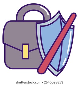 Job Insecurity icon represented by briefcase, shield, cross mark Lineal Color style.