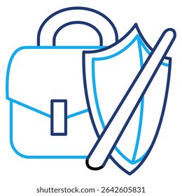 Icono de inseguridad laboral representado por maletín, escudo, marca cruzada estilo de línea dual.