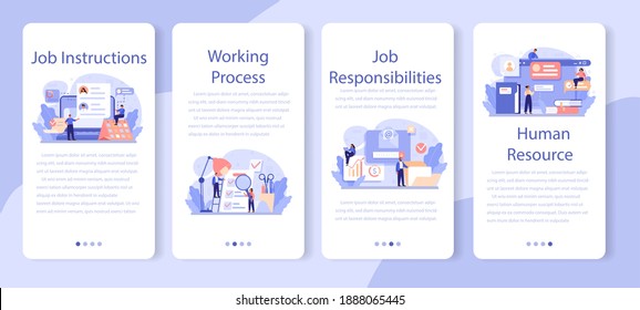 Job instruction mobile application banner set. Personnel management and empolyee adaptation. HR manager providing new empolyee with company information. Isolated flat vector illustration