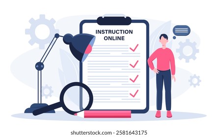 Job instruction online. Man near clipboard with text. Organizing efficient workflow and time management. Guidance and examining. Ethical business. Flat vector illustration