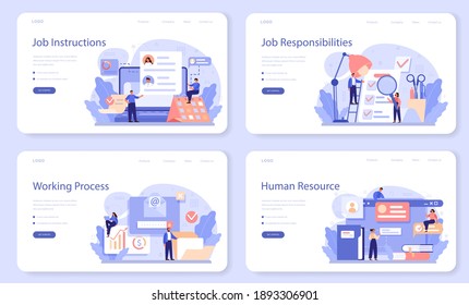 Job instruction web banner or landing page set. Personnel management and empolyee adaptation. HR manager providing new empolyee with company information. Isolated flat vector illustration