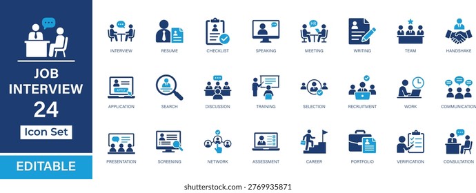 Job interview 24 solid icon set. Recruitment, hiring, resume, meeting, team, communication, career, and HR concepts for UI, UX, apps, and web. Vector collection.