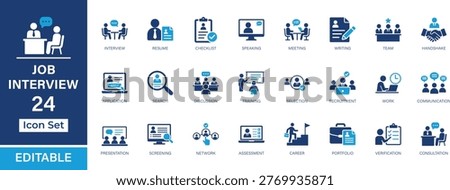 Job interview 24 solid icon set. Recruitment, hiring, resume, meeting, team, communication, career, and HR concepts for UI, UX, apps, and web. Vector collection.