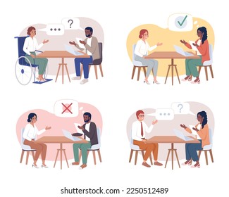 Job interview 2D vector isolated illustration set. Candidates and hr managers flat characters on cartoon background. Recruitment colorful editable scenes pack for mobile, website, presentation