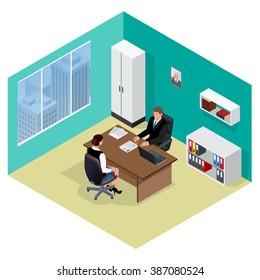 Job interview. Job applicants. Concept of hiring worker. Candidate and recruitment, hire and interviewer, decision and examination.  Flat 3d isometric vector illustration.  Meeting  isometric. 