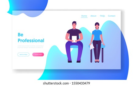 Job Interview Appointment Website Landing Page. Man and Woman with Cv Sitting in Waiting Room Before or Meeting with Potential Business Work Partners Web Page Banner. Cartoon Flat Vector Illustration
