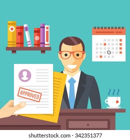 Job interview. Approved job application with stamp on it. Happy man got a job. Modern flat design concept for web banners, web sites, infographic. Flat vector illustration isolated on red background