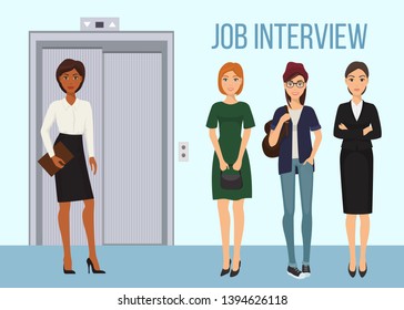 Job interview banner vector illustration. Women waiting for their turn to be interviewed. Worker female characters standing near elevator. Candidates for profession. Diverse group.