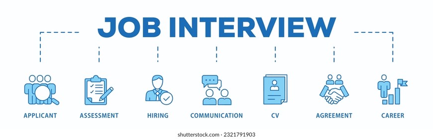 Job interview banner web icon vector illustration concept with icon of applicant, assessment, hiring, communication, cv, agreement and career