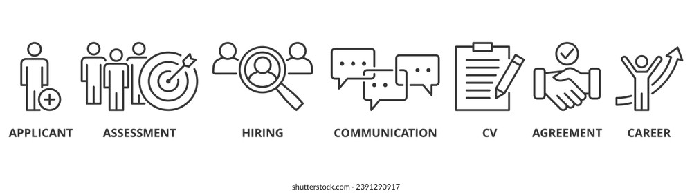 Job interview banner web icon vector illustration concept with icon of applicant, assessment, hiring, communication, cv, agreement and career