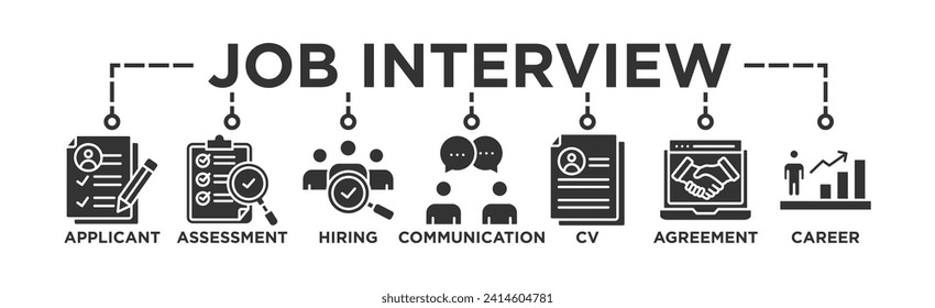 Pancarta de entrevista de trabajo Icono web Icono de ilustración vectorial con ícono de solicitante, evaluación, contratación, comunicación, cv, acuerdo y carrera	