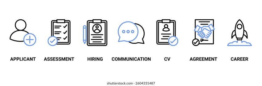 Job interview banner web icon vector illustration concept with icon of applicant, assessment, hiring, communication, cv, agreement and career