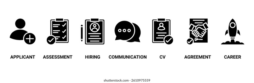 Job interview banner web icon vector illustration concept with icon of applicant, assessment, hiring, communication, cv, agreement and career