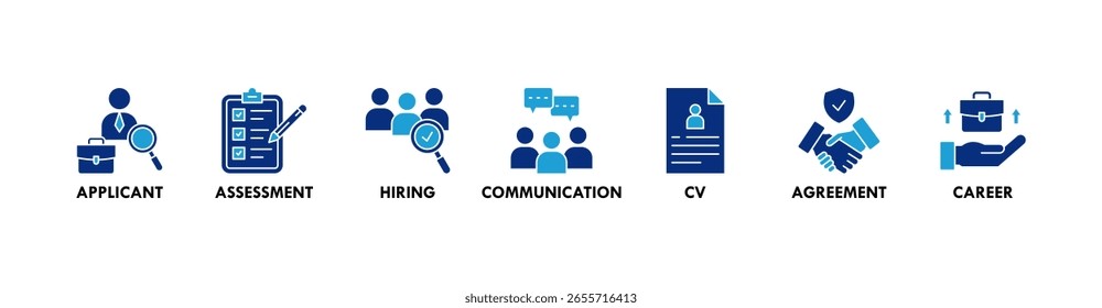 Concepto de Ilustración vectorial de ícono de Web de Anuncio de entrevista de trabajo con ícono de solicitante, evaluación, contratación, comunicación, CV, Acuerdo y carrera