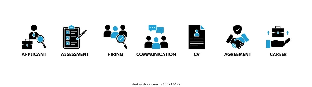 Job interview banner web icon vector illustration concept with icon of applicant, assessment, hiring, communication, cv, agreement and career