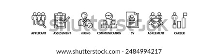 Job interview banner web icon set vector illustration symbol concept with icon of applicant, assessment, hiring, communication, cv, agreement and career