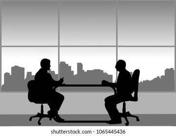 Job interview between the unemployed and businessman in the office, one in the series of similar images silhouette