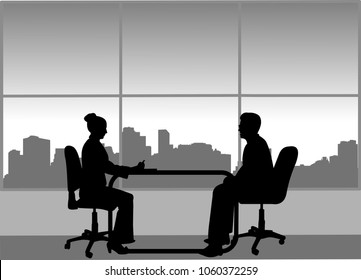 Job interview between the unemployed and businesswoman in the office, one in the series of similar images silhouette