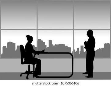 Job interview between the unemployed and businesswoman in the office, one in the series of similar images silhouette