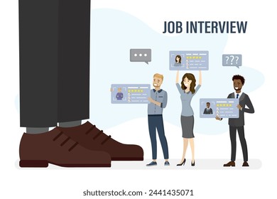 Job interview with big boss. Head of the company personally recruits staff. Social differences - huge legs of the boss and tiny workers people. Recruitment concept. HR agency. Flat vector illustration