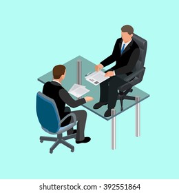 Job interview business in office. Confident businessmen sitting by table during consultation. Flat 3d isometric illustration. For infographics and design 
