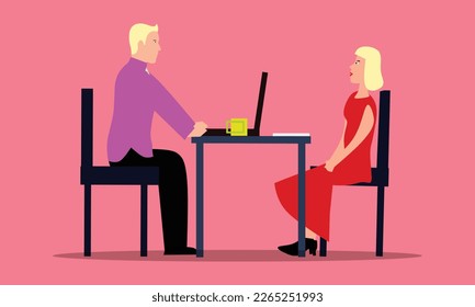 Entrevista laboral. entrevista de negocios Vector plana y moderna ilustración de un hombre hablando con una joven con una laptop. Aislado en segundo plano